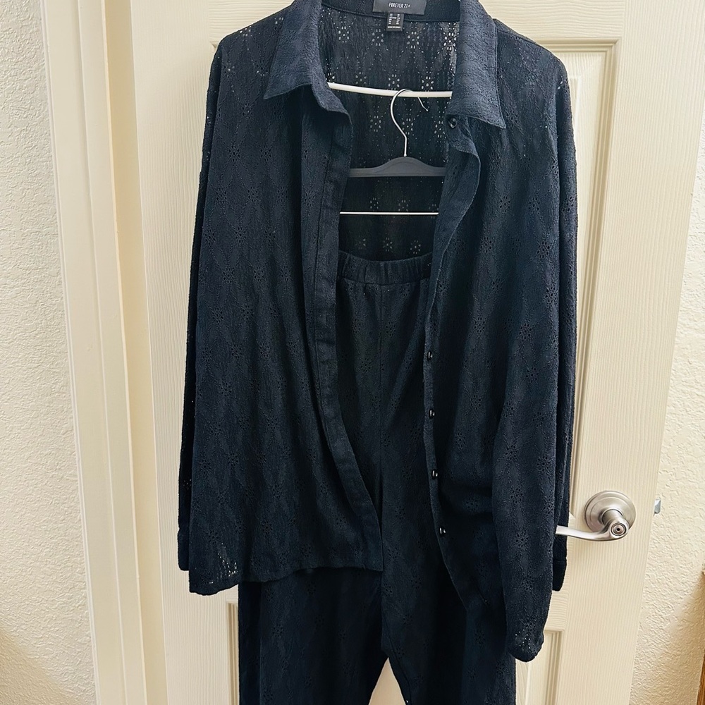 Forever 21 Black Sheer Textured Blouse + Pants Set